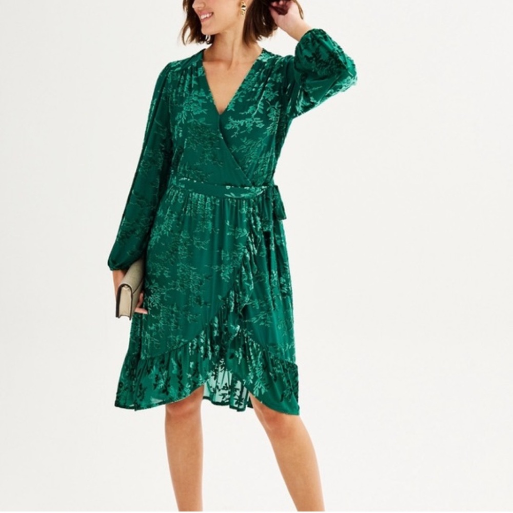 Draper James RSVP Velvet Floral Burnout Wrap Dress Long Sleeve Green Size Small